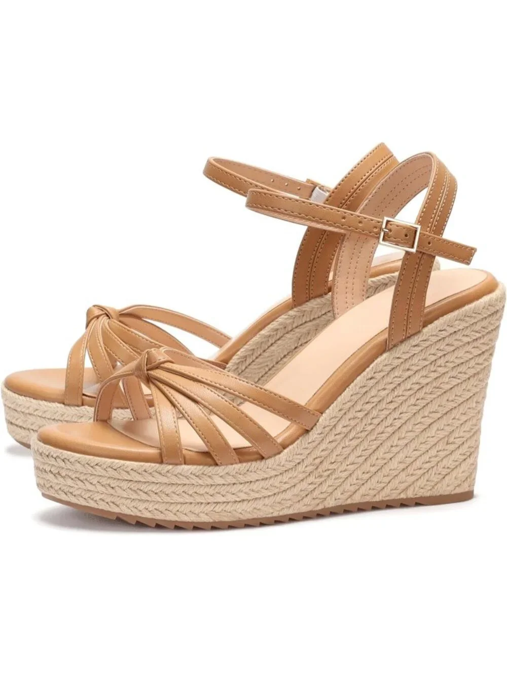 Women's Brown PU Platform Espadrille Wedge Sandals Open Toe Ankle Strap Heels
